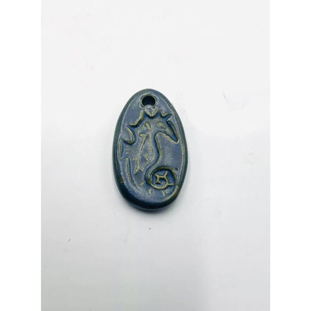 Vintage Seahorse Blue Glazed Ceramic Oval Pendant For A Necklace!! S1
